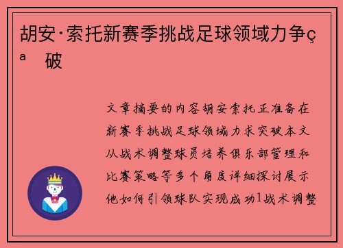 胡安·索托新赛季挑战足球领域力争突破