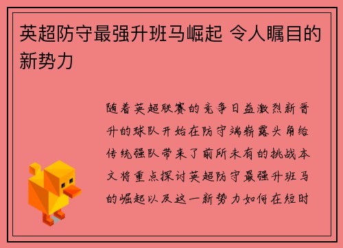 英超防守最强升班马崛起 令人瞩目的新势力 英超防守最强升班马崛起 令人瞩目的新势力